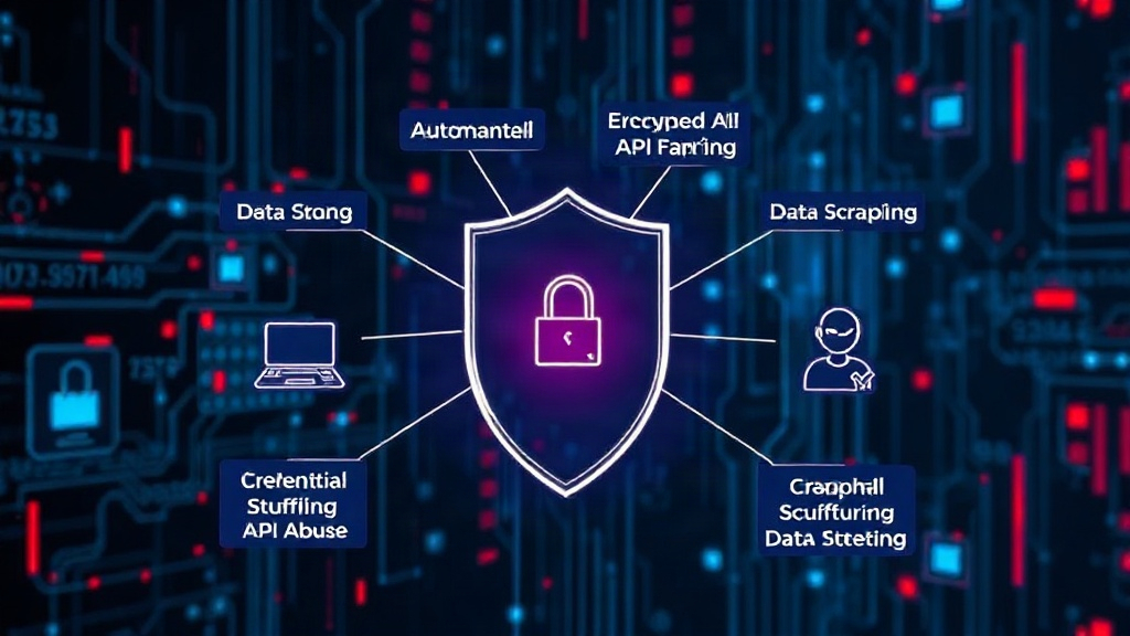 Diagram illustrating common automated API abuse attack vectors like credential stuffing and data scraping