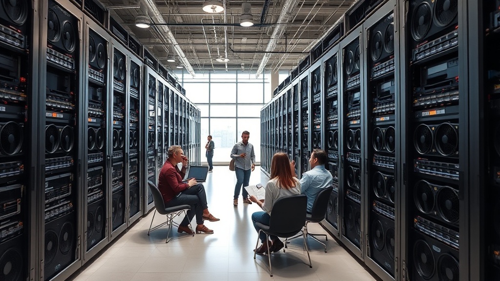 Data center racks housing powerful GPUs essential for AI model training.