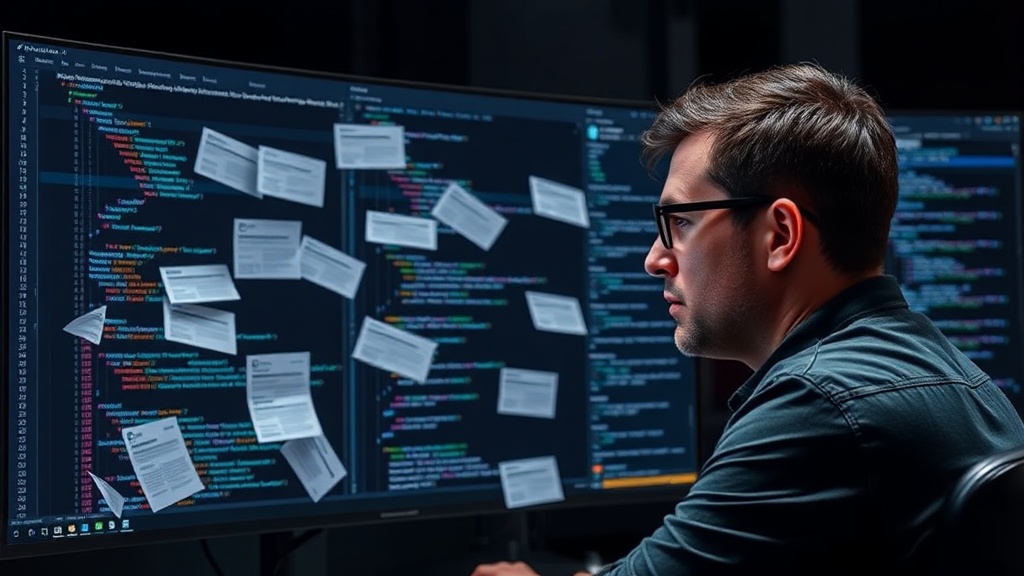 Developer looking frustrated at a screen with scattered documentation tabs