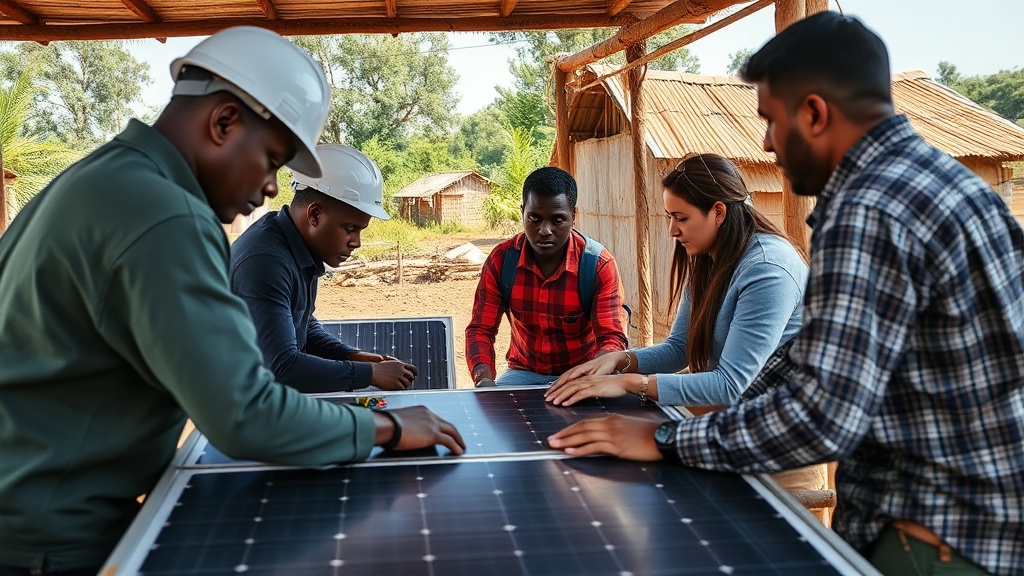 Technicians working on a solar power installation in a rural African community