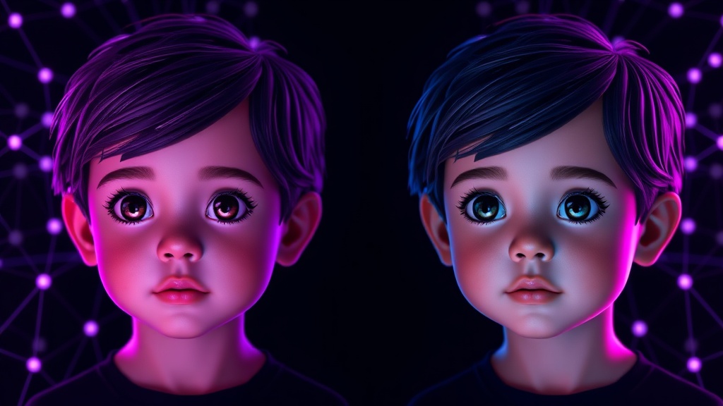 Two AI-generated images of the same child character side-by-side, highlighting subtle differences in nose shape and hair length.