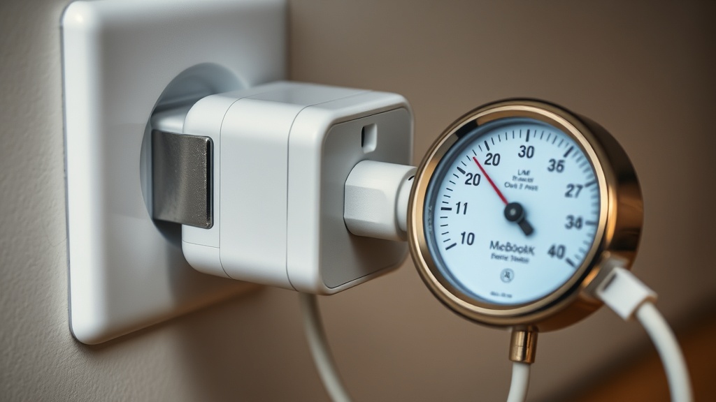 MacBook Pro power adapter plugged into a wall socket with a wattmeter