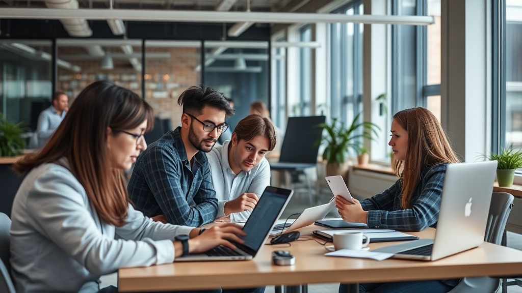 Developers collaborating on open-source AI code in a modern office setting